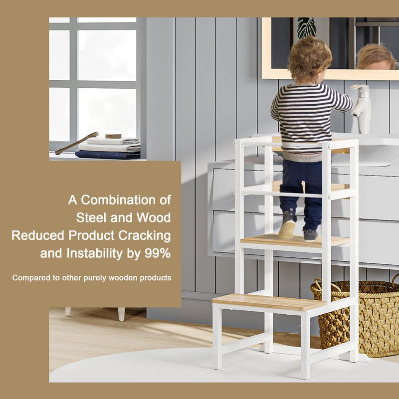 INNOD Kitchen Step Stool for Toddlers, Height Adjustable Toddler Tower with Safety Rail, Steel and Wood Toddler Kitchen Stool Helper Kids, Stool for Kids, Learning Tower, Kids' Desk Wood White - Image 2
