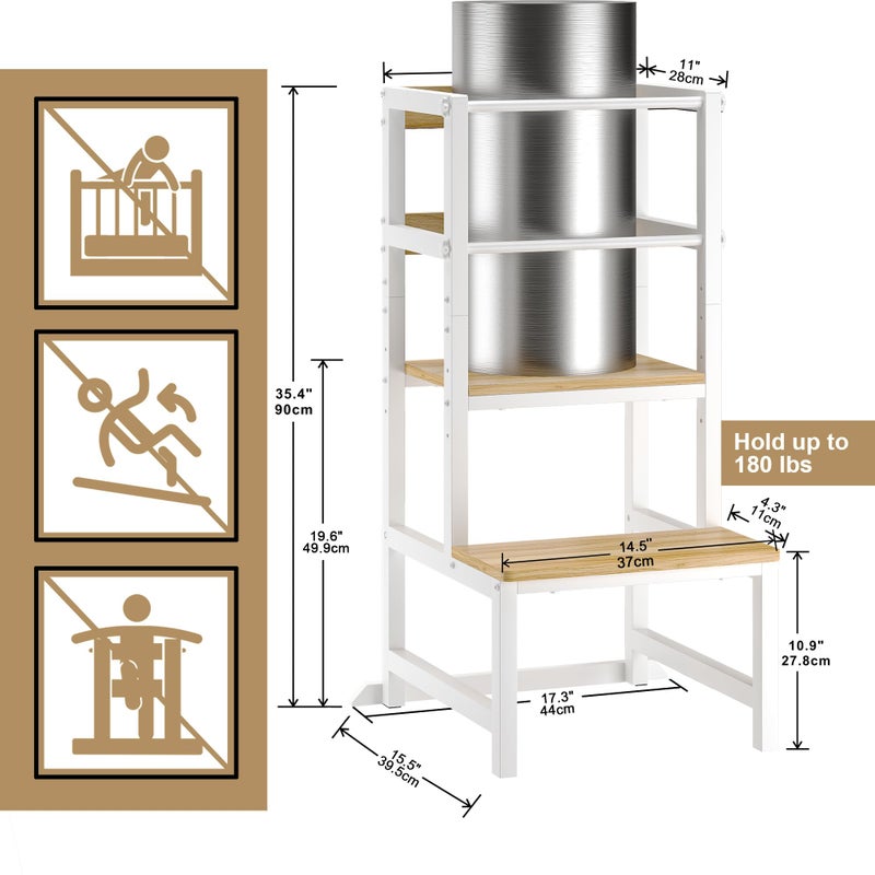 INNOD Kitchen Step Stool for Toddlers, Height Adjustable Toddler Tower with Safety Rail, Steel and Wood Toddler Kitchen Stool Helper Kids, Stool for Kids, Learning Tower, Kids' Desk Wood White - Image 5