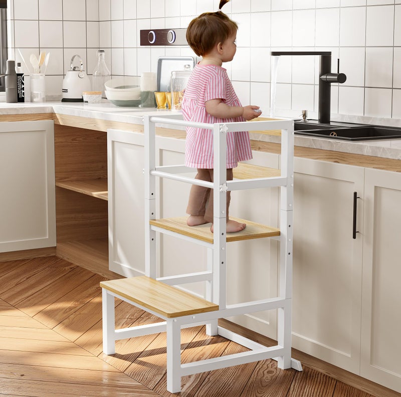 INNOD Kitchen Step Stool for Toddlers, Height Adjustable Toddler Tower with Safety Rail, Steel and Wood Toddler Kitchen Stool Helper Kids, Stool for Kids, Learning Tower, Kids' Desk Wood White - Image 1