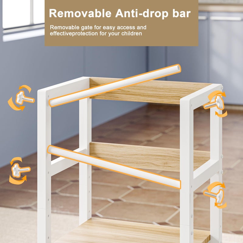INNOD Kitchen Step Stool for Toddlers, Height Adjustable Toddler Tower with Safety Rail, Steel and Wood Toddler Kitchen Stool Helper Kids, Stool for Kids, Learning Tower, Kids' Desk Wood White - Image 4