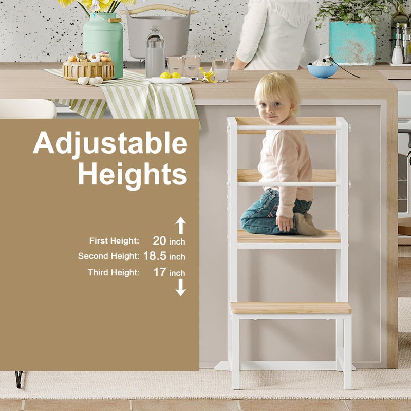 INNOD Kitchen Step Stool for Toddlers, Height Adjustable Toddler Tower with Safety Rail, Steel and Wood Toddler Kitchen Stool Helper Kids, Stool for Kids, Learning Tower, Kids' Desk Wood White - Image 3