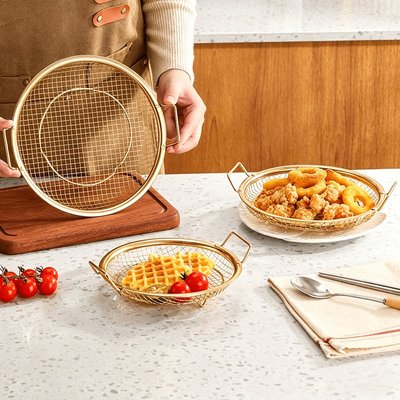 Brand New Gold-plated Single-serving Heavy-duty Stainless Steel Deep Fryer Rack and Tray – Stackable Round Metal Mesh Basket with Drain Tray, Dishwasher Safe - Image 2
