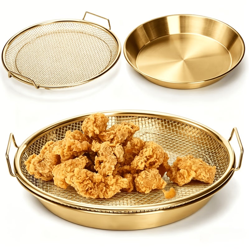 Brand New Gold-plated Single-serving Heavy-duty Stainless Steel Deep Fryer Rack and Tray – Stackable Round Metal Mesh Basket with Drain Tray, Dishwasher Safe - Image 1