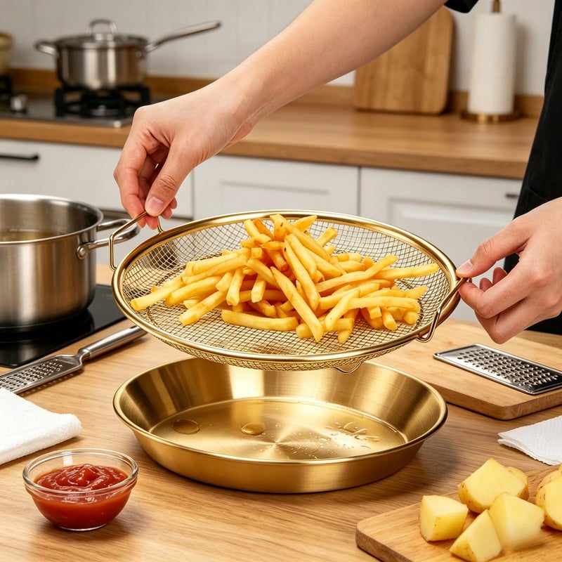 Brand New Gold-plated Single-serving Heavy-duty Stainless Steel Deep Fryer Rack and Tray – Stackable Round Metal Mesh Basket with Drain Tray, Dishwasher Safe - Image 5
