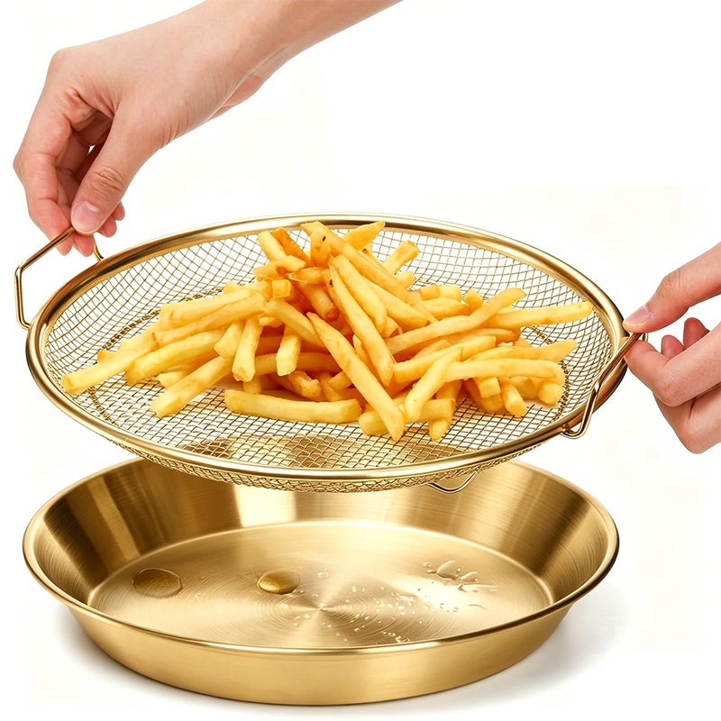 Brand New Gold-plated Single-serving Heavy-duty Stainless Steel Deep Fryer Rack and Tray – Stackable Round Metal Mesh Basket with Drain Tray, Dishwasher Safe - Image 4