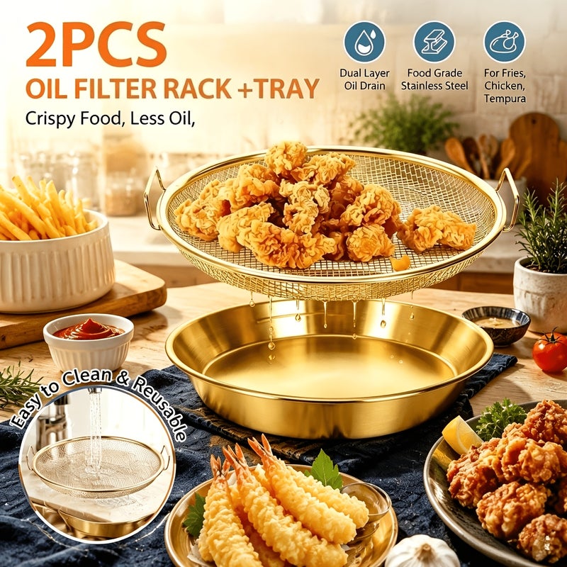 Brand New Gold-plated Single-serving Heavy-duty Stainless Steel Deep Fryer Rack and Tray – Stackable Round Metal Mesh Basket with Drain Tray, Dishwasher Safe - Image 3
