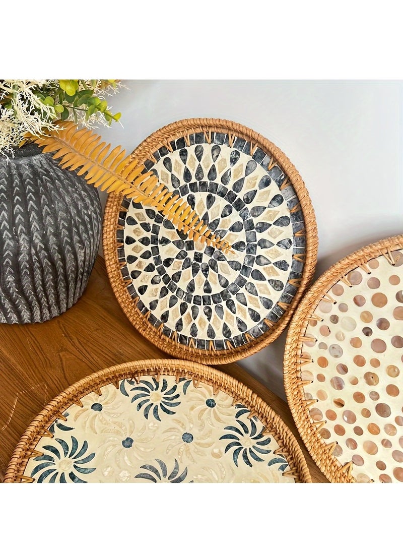 XiuWoo Round Rattan Tray with Fritillaria Inlay,Boho Decor Serving Tray,Coffee Table Wicker Tray,Round Wicker Tray for Home Decor, Gifts, Dining, Woven Tray of Food, Fruit,Blue Water droplets 35cm  - Image 2