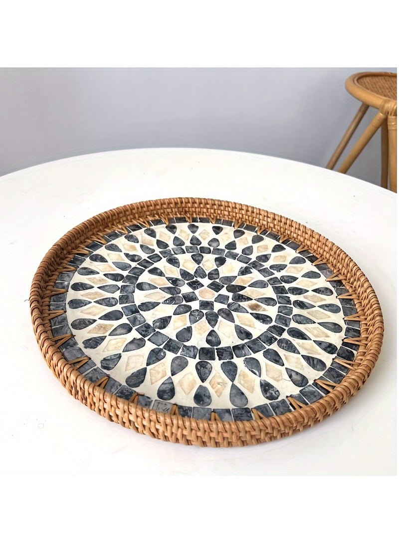 XiuWoo Round Rattan Tray with Fritillaria Inlay,Boho Decor Serving Tray,Coffee Table Wicker Tray,Round Wicker Tray for Home Decor, Gifts, Dining, Woven Tray of Food, Fruit,Blue Water droplets 35cm  - Image 4