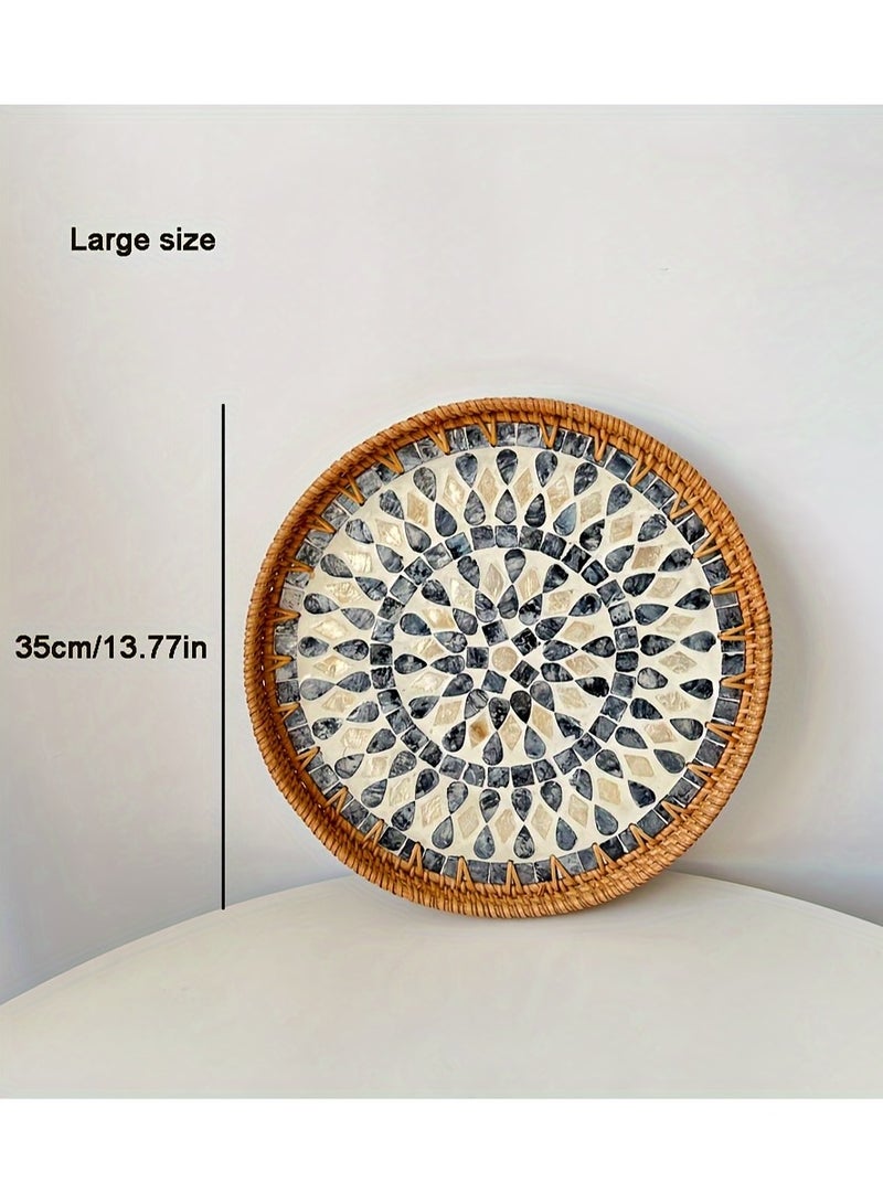 XiuWoo Round Rattan Tray with Fritillaria Inlay,Boho Decor Serving Tray,Coffee Table Wicker Tray,Round Wicker Tray for Home Decor, Gifts, Dining, Woven Tray of Food, Fruit,Blue Water droplets 35cm  - Image 5