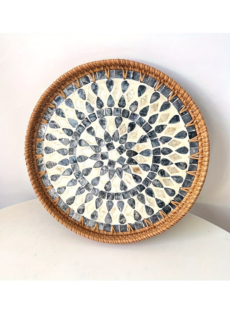 XiuWoo Round Rattan Tray with Fritillaria Inlay,Boho Decor Serving Tray,Coffee Table Wicker Tray,Round Wicker Tray for Home Decor, Gifts, Dining, Woven Tray of Food, Fruit,Blue Water droplets 35cm  - Image 3