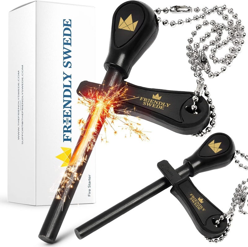 The Friendly Swede Ferro Rod Fire Starter Tool 2-Pack — Flint and Steel Fire Starter Survival Tool with Long Ferro Rod; Weatherproof Firestarter for Camping, Hiking & BBQs; Ergonomic Handle; Easy Grip - Image 1