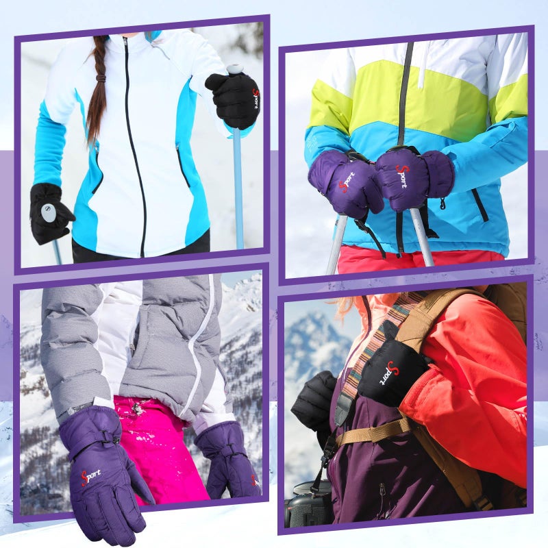 Jeere 2 Pairs Winter Ski Gloves Men Women Waterproof Snow Gloves Adjustable Snowboard Mittens with Zipper Strap Hook Pocket(Black,Purple) - Image 5