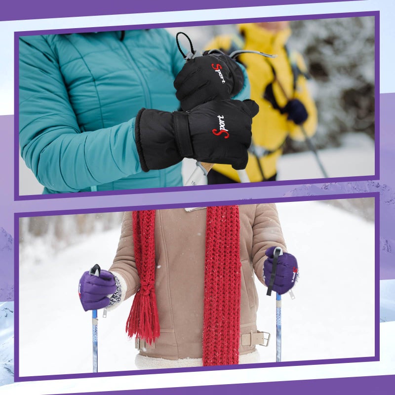 Jeere 2 Pairs Winter Ski Gloves Men Women Waterproof Snow Gloves Adjustable Snowboard Mittens with Zipper Strap Hook Pocket(Black,Purple) - Image 3