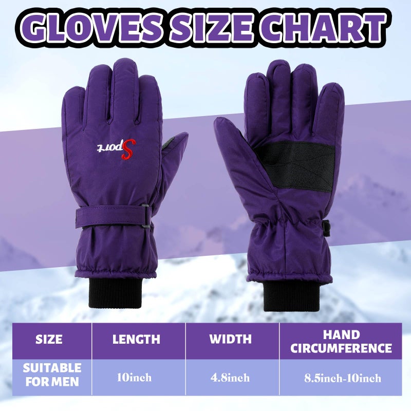 Jeere 2 Pairs Winter Ski Gloves Men Women Waterproof Snow Gloves Adjustable Snowboard Mittens with Zipper Strap Hook Pocket(Black,Purple) - Image 4