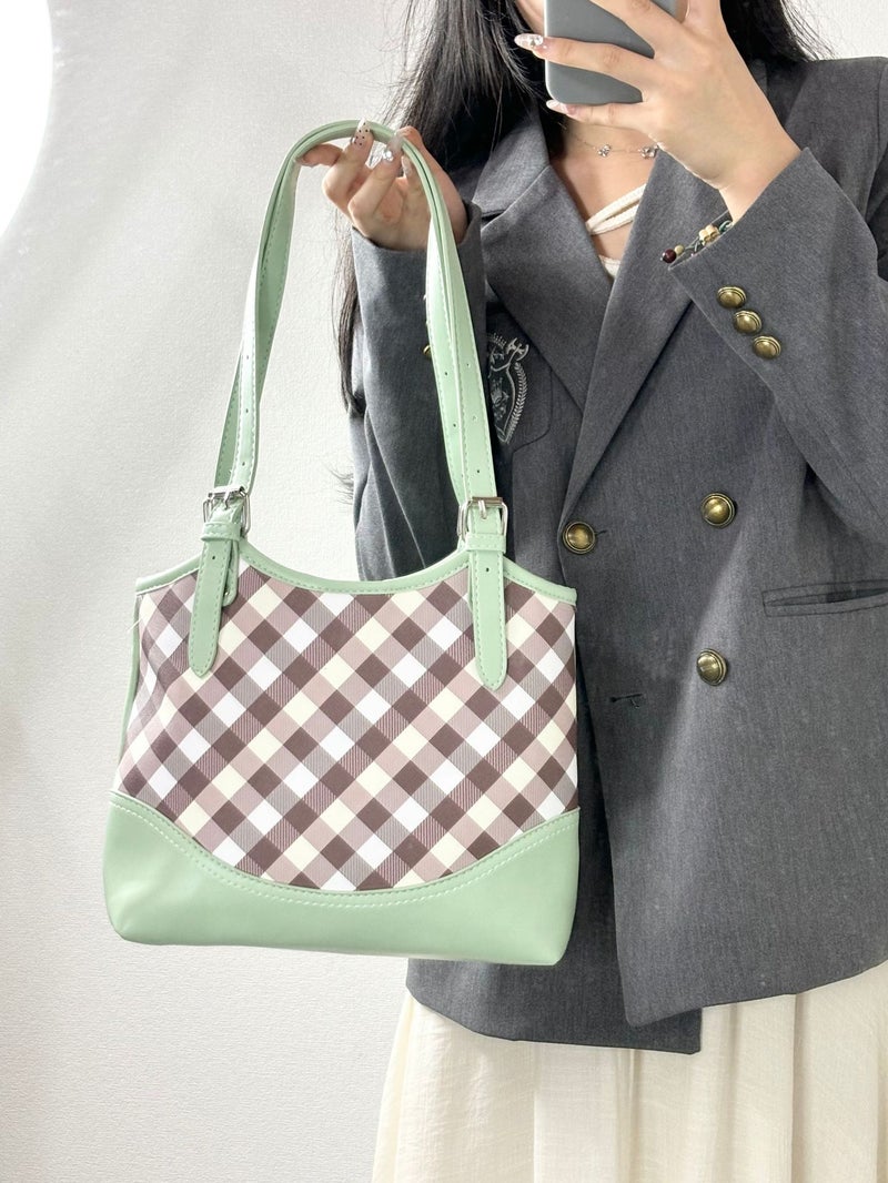 2024 Summer Korean Fashion Easiest For Match Mint Green Plaid Underarm Bag New Large Capacity Outing Commuting Shoulder Bag - Image 2