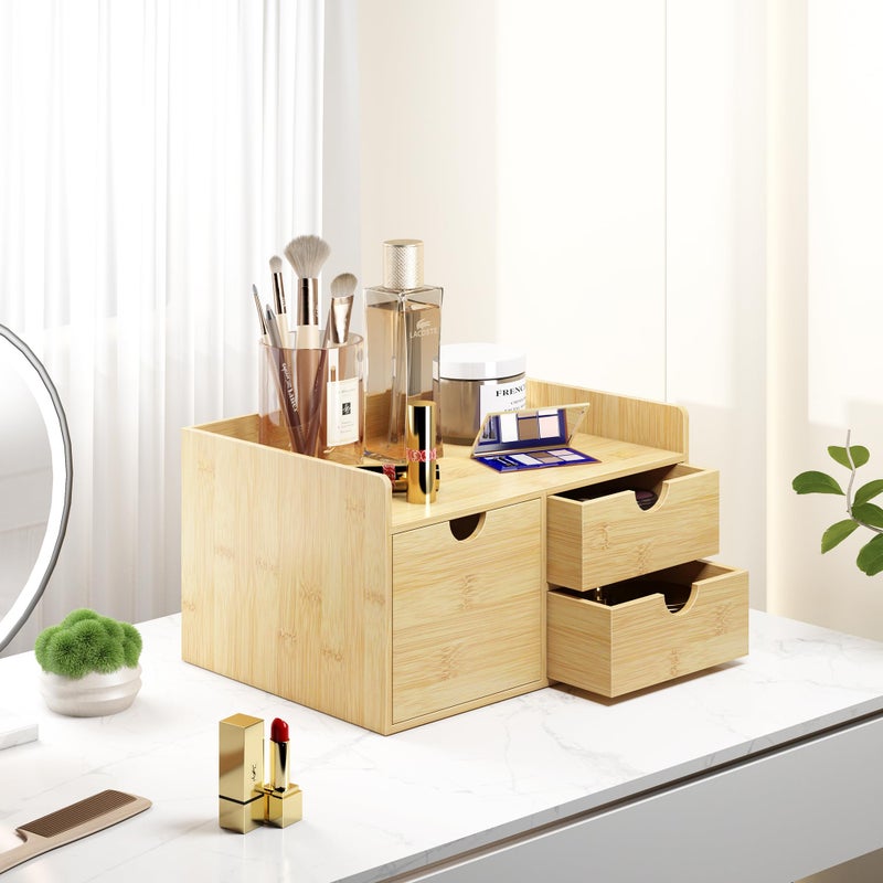 Wisuce Desk Organizer with Drawers - Bamboo Desktop Organizer Storage | Wood Desk Drawers Organizer for Bills, Office Supplies, Cosmetics, Seals No Assembly Required (3 Drawer with Big Drawer) - Image 4