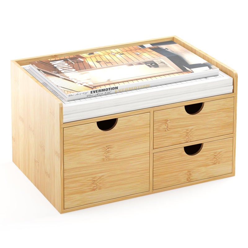 Wisuce Desk Organizer with Drawers - Bamboo Desktop Organizer Storage | Wood Desk Drawers Organizer for Bills, Office Supplies, Cosmetics, Seals No Assembly Required (3 Drawer with Big Drawer) - Image 1