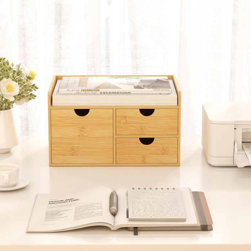 Wisuce Desk Organizer with Drawers - Bamboo Desktop Organizer Storage | Wood Desk Drawers Organizer for Bills, Office Supplies, Cosmetics, Seals No Assembly Required (3 Drawer with Big Drawer) - Image 3