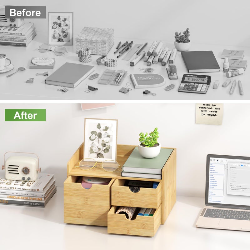 Wisuce Desk Organizer with Drawers - Bamboo Desktop Organizer Storage | Wood Desk Drawers Organizer for Bills, Office Supplies, Cosmetics, Seals No Assembly Required (3 Drawer with Big Drawer) - Image 5