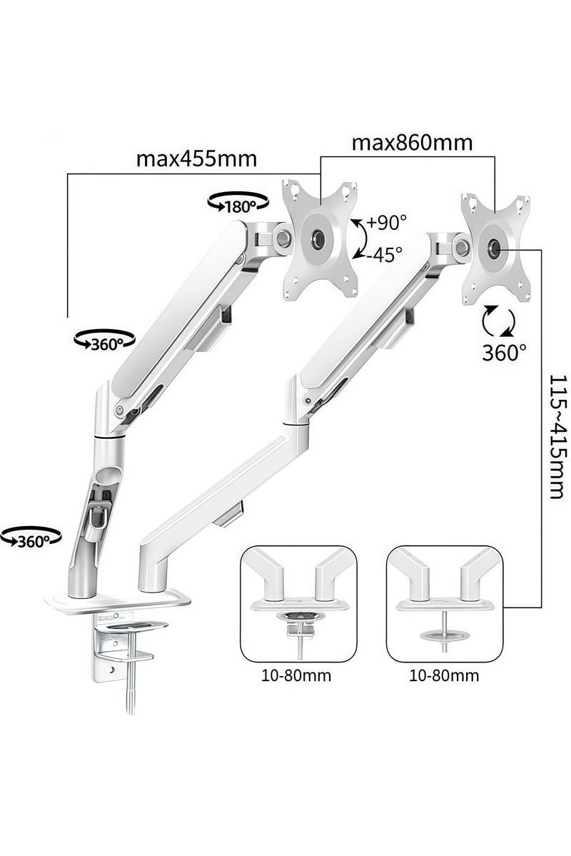فلاشهوك حامل شاشة مزدوج لشاشة مقاس 17 إلى 30 بوصة، ذراع شاشة مزدوج قابل للتعديل بنابض غاز، يناسب شاشتين مع أقصى VESA 100x100، أبيض - Image 2