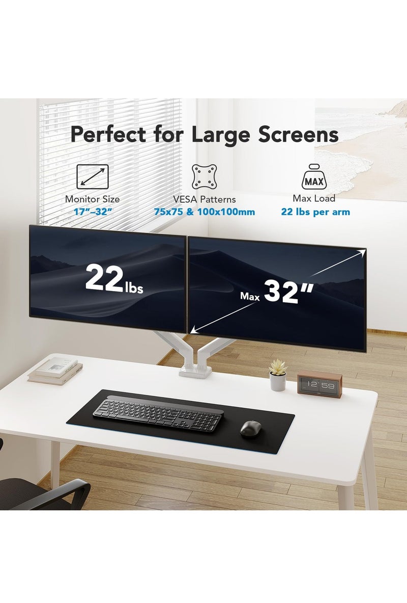 فلاشهوك حامل شاشة مزدوج لشاشة مقاس 17 إلى 30 بوصة، ذراع شاشة مزدوج قابل للتعديل بنابض غاز، يناسب شاشتين مع أقصى VESA 100x100، أبيض - Image 3