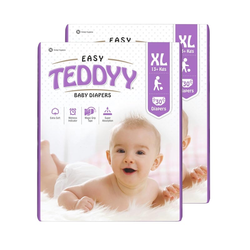 Teddyy حفاضات الأطفال سهلة الاستخدام كبيرة الحجم (18-24 شهر) - 60 قطعة، 13-17 كجم، امتصاص طويل الأمد، مضادة للطفح الجلدي - Image 1
