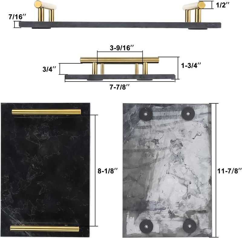 HighFree Marble Stone Decorative Tray, Handmade Nightstand Tray with Copper-Color Metal Handles for Counter, Vanity, Dresser, Nightstand and Desk (Black) - Image 2