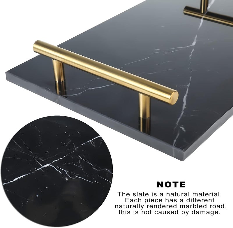 HighFree Marble Stone Decorative Tray, Handmade Nightstand Tray with Copper-Color Metal Handles for Counter, Vanity, Dresser, Nightstand and Desk (Black) - Image 4