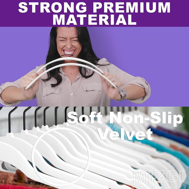 MIZGI Premium Velvet Hangers (50 Pack) - Heavy Duty Non Slip Velvet Suit Hangers - White & Black Coated Hooks, Space Saving - Image 2