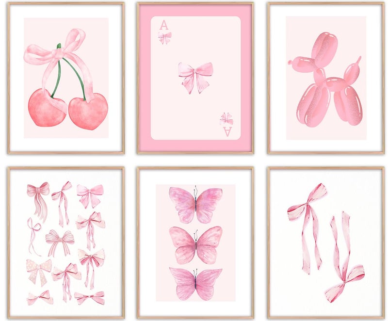 Kizbok Pink Coquette Room Decor, Trendy Pink Bows Wall Art for Girl Room Decor, Cute Coquette Wall Decor, Coquette Posters, Pink Room Decor Preppy Room Decor Aesthetic, Coquette Bow Prints Ball Cherry Bow Room Decor for College Dorm Apartment Decor -8x10inch|UNFRAMED - Image 1