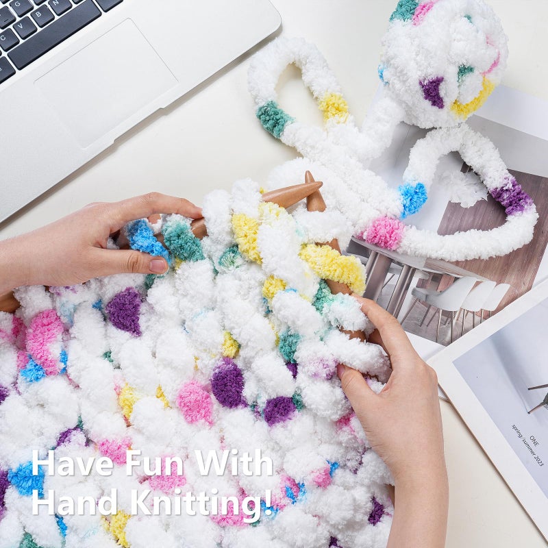 Cozyful Chunky Yarn for Hand Knitting - #10 Chunky Chenille Blanket Yarn, Jumbo Big Thick Chunky Yarns for Crocheting, Tie Dye Bulky Knit Yarns, 8 Skein (25 yds 8 oz Each Skein), Rainbow & White - Image 5