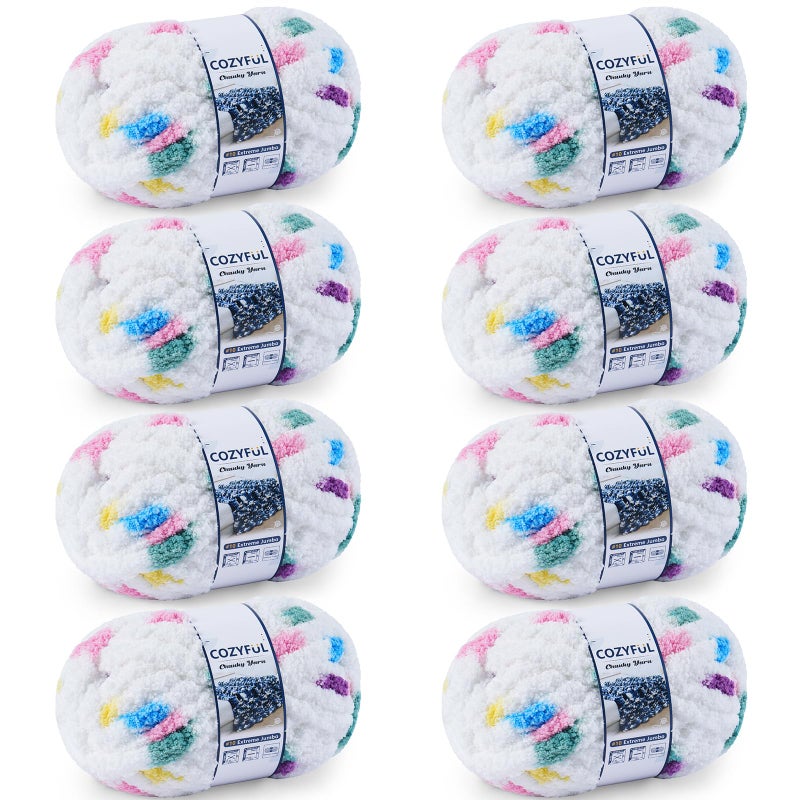 Cozyful Chunky Yarn for Hand Knitting - #10 Chunky Chenille Blanket Yarn, Jumbo Big Thick Chunky Yarns for Crocheting, Tie Dye Bulky Knit Yarns, 8 Skein (25 yds 8 oz Each Skein), Rainbow & White - Image 1