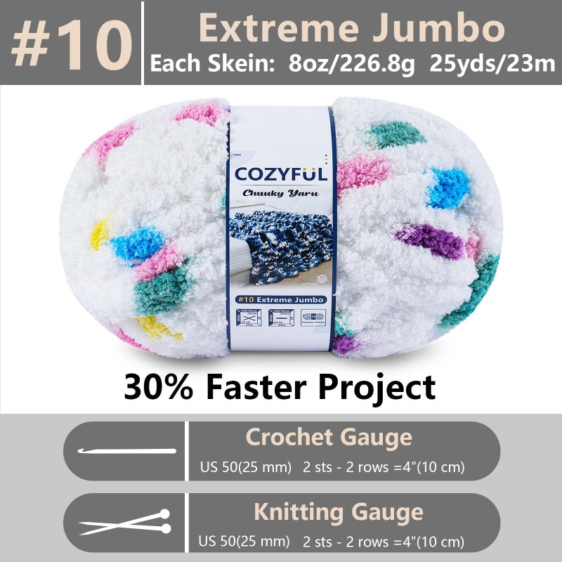 Cozyful Chunky Yarn for Hand Knitting - #10 Chunky Chenille Blanket Yarn, Jumbo Big Thick Chunky Yarns for Crocheting, Tie Dye Bulky Knit Yarns, 8 Skein (25 yds 8 oz Each Skein), Rainbow & White - Image 2