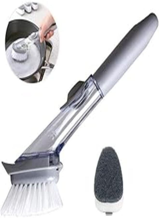 Axxitude - AXXITUDE Automatic Liquid Tank Kitchen Utensils Sink Cleaning Brush Scrubber, Dish Bowl Washing Brush with Refill Liquid Soap Dispenser Handle Sponge with Wok Brush Kitchen Pot Cleaner Tool - Grey - Image 1