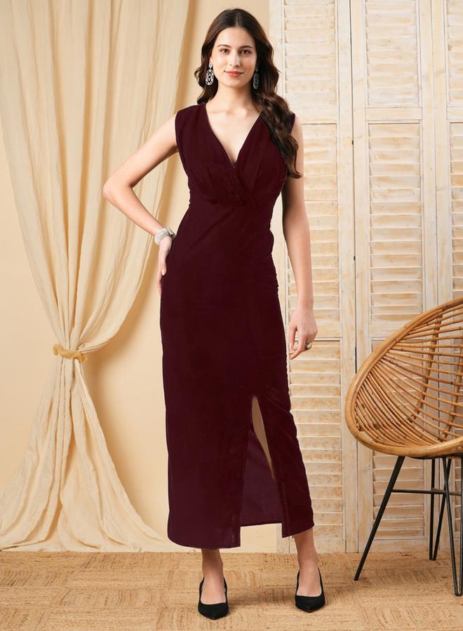 Mish Deep V Neck Sheath Maxi Dress with Front Slit - Image 1