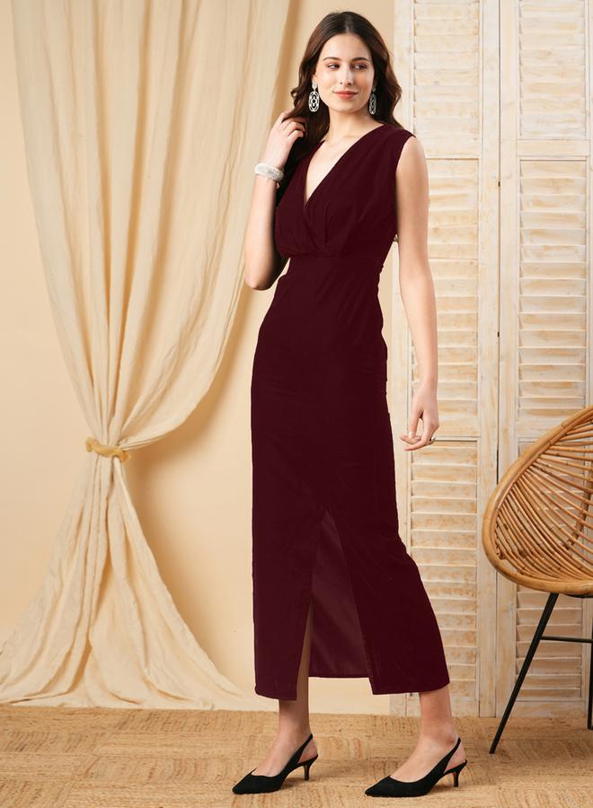 Mish Deep V Neck Sheath Maxi Dress with Front Slit - Image 4
