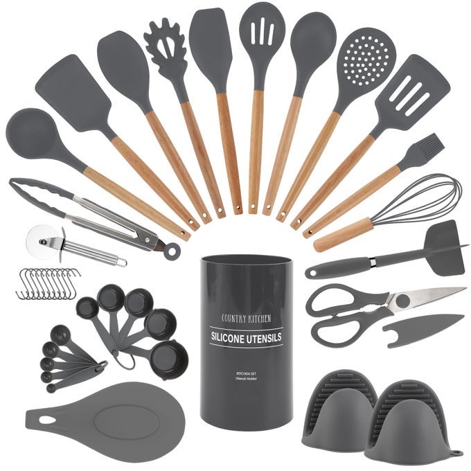 NON STICK SILICONE UTENSIL SET WITH ROUNDED WOOD HANDLES FOR COOKING AND BAKING 38 PIECE SET GRAY