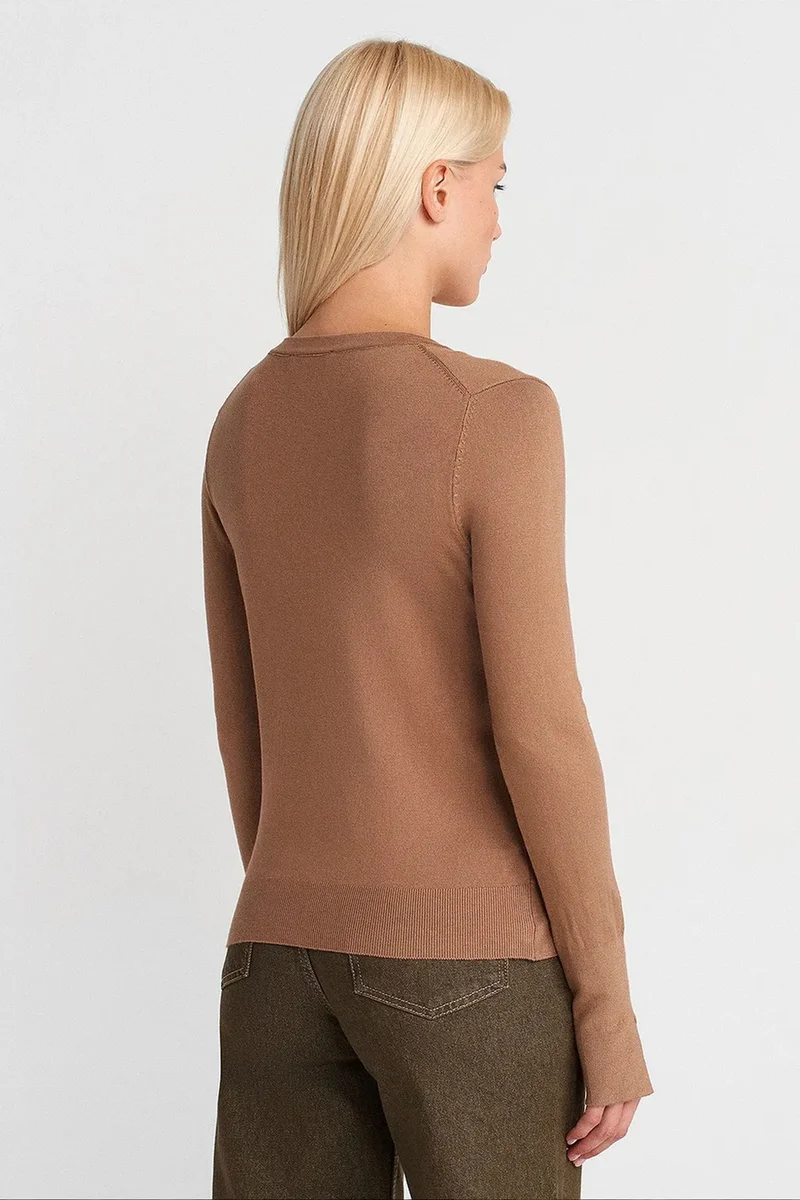 Dilvin Camel Brown DILVIN Women's V-Neck Knit Sweater With Side Slit for Women | Best Price UAE
