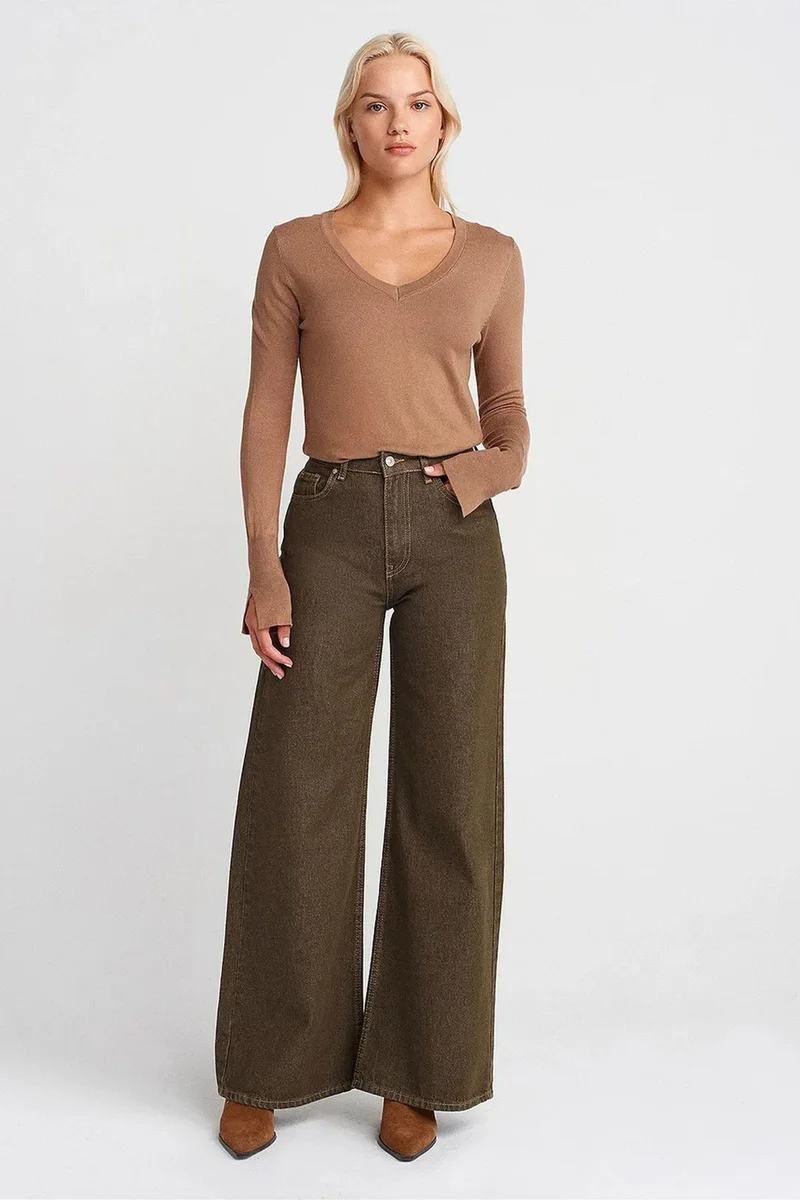 Dilvin Camel Brown DILVIN Women's V-Neck Knit Sweater With Side Slit for Women | Best Price UAE