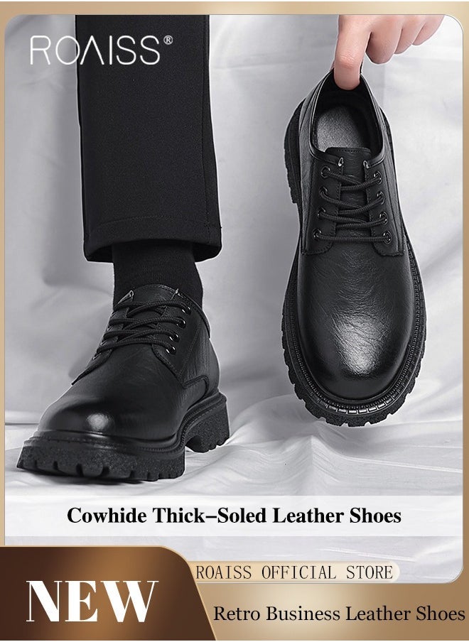 Men Vintage Business Casual Leather Shoes Thick Soled Head Leather Shoes for Men Dress Boots with British Style Low Top Work Boot Design Black Durable Breathable Boot for Men