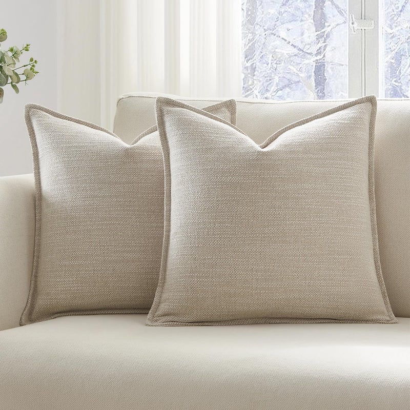 Meekio Set of 2 Linen Beige Pillow Covers 18x18, Linen Look Throw Pillow Covers with Flange Edge for Sofa Couch Living DÃ©cor - Image 1