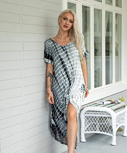 AVIIER Nightgowns for Women Cotton V Neck Sleepwear Short Sleeve Loungewear (Tie Dye-Gray, X-Large) - Image 2
