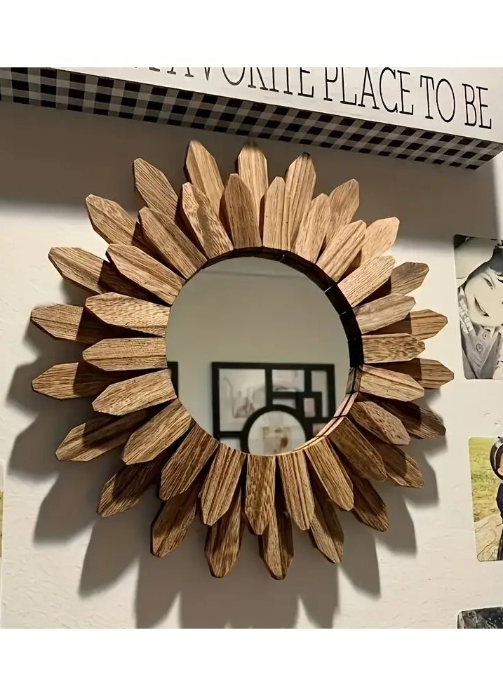 Generic Sunflower-Inspired Wall-Mounted Makeup Mirror – Round Wooden Frame, Lightweight & Power-Free – Stylish Decorative Mirror for Bedroom or Vanity Wall  - Image 1