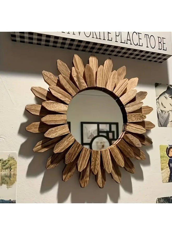 Generic Sunflower-Inspired Wall-Mounted Makeup Mirror – Round Wooden Frame, Lightweight & Power-Free – Stylish Decorative Mirror for Bedroom or Vanity Wall  - Image 2