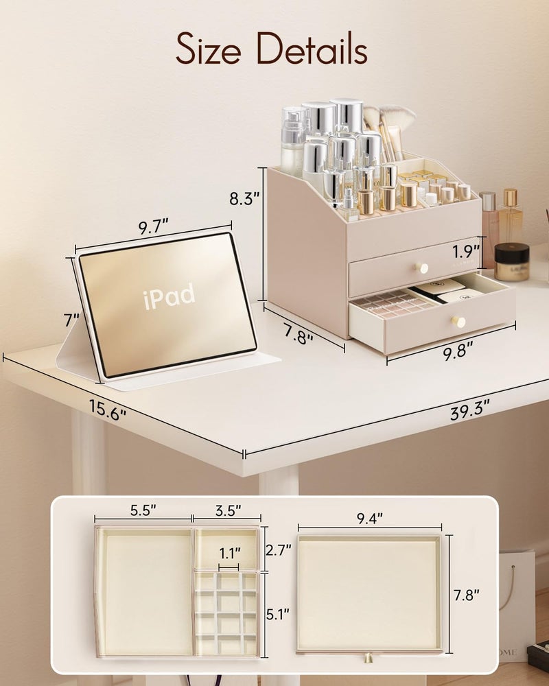 Vlando Makeup Organizer for Vanity,Large Capacity Countertop Organizer with Drawers, PU Leather Cosmetic Display Case for Lipstick,Brushes,Skincare,Bedroom Storage (Toffee) - Image 4