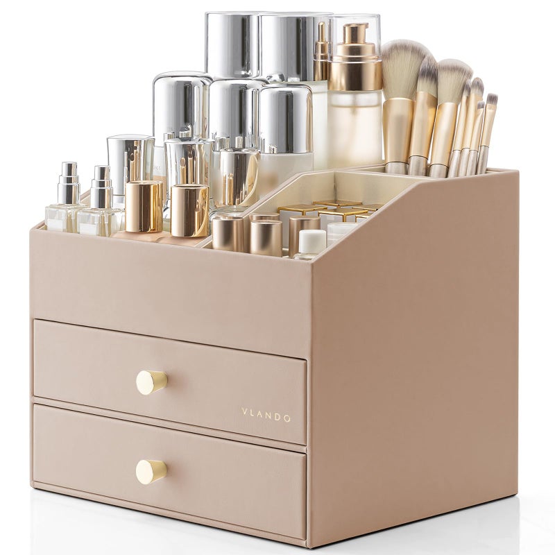 Vlando Makeup Organizer for Vanity,Large Capacity Countertop Organizer with Drawers, PU Leather Cosmetic Display Case for Lipstick,Brushes,Skincare,Bedroom Storage (Toffee) - Image 1