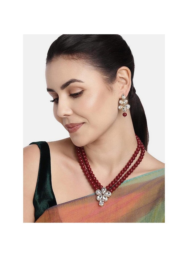 Peora Gold Plated Crystal Pearl Long Necklace with Drop Earrings Traditional Ethnic Jewellery Set for Women Girls | Maroon & White - Image 3