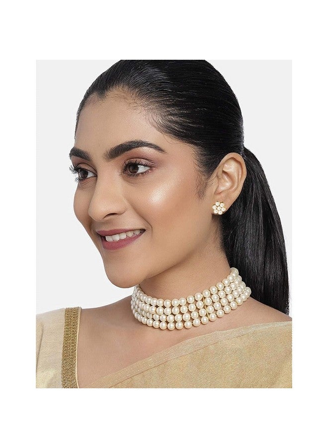 Peora Gold Plated Crystal Pearl Long Necklace with Drop Earrings Traditional Ethnic Jewellery Set for Women Girls | Maroon & White - Image 4