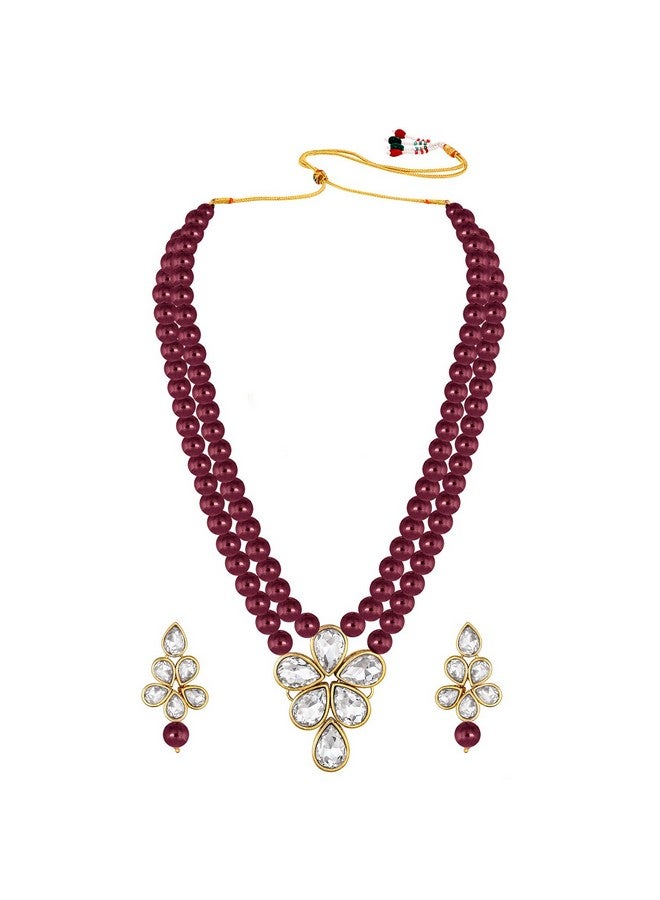 Peora Gold Plated Crystal Pearl Long Necklace with Drop Earrings Traditional Ethnic Jewellery Set for Women Girls | Maroon & White - Image 5