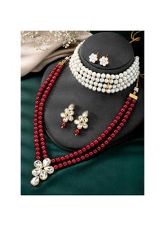 PEORA Peora Gold Plated Crystal Pearl Long Necklace with Drop Earrings Traditional Ethnic Jewellery Set for Women Girls | Maroon & White  - Image 2
